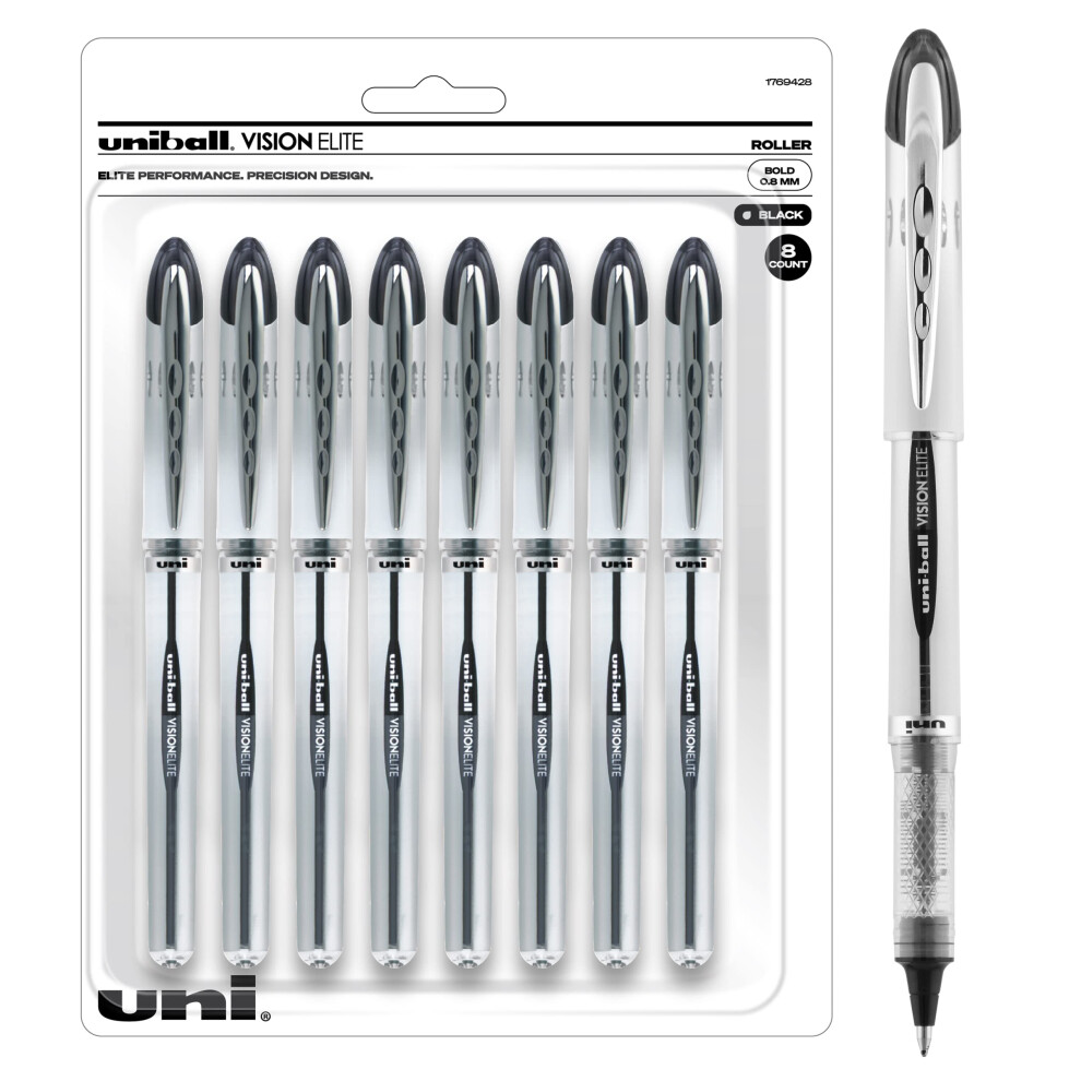 Uniball Vision Elite Rollerball Pens  Black Pens Pack of 8  Bold Pens with 0.8mm Ink  Ink Black Pen  Pens Fine Point Smooth Writing Pens  Bu