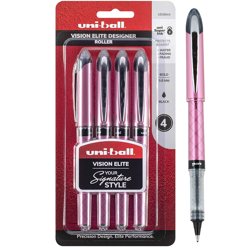 Uniball Vision Elite Rollerball Pens  Black Pens 4-Pack - Stylish Bold Pens with 0.8mm Ink  Ink Black Pen  School Pens  Smooth Writing Pens