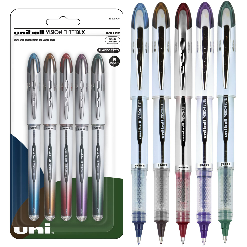 Uniball Vision Elite BLX Rollerball Pens  Assorted Pens Pack of 5  Bold Pens with 0.8mm Ink  Ink Black Pen  Pens Fine Point Smooth Writing P