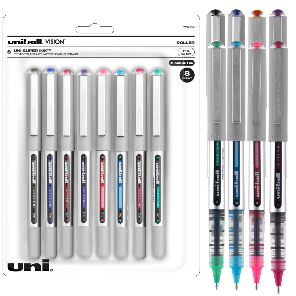 Uniball Vision Rollerball Pens  School Pens Pack of 8  Assorted - Fine Point Pens with 0.7mm Medium Ink - Teacher Pens  Pens Fine Point Smoo