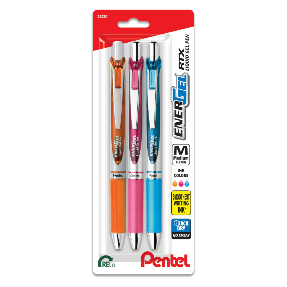 Pentel EnerGel Deluxe RTX Retractable Liquid Gel Pen  Medium Line  Metal Tip  Assorted Ink  3 Pack (BL77BP3M2)