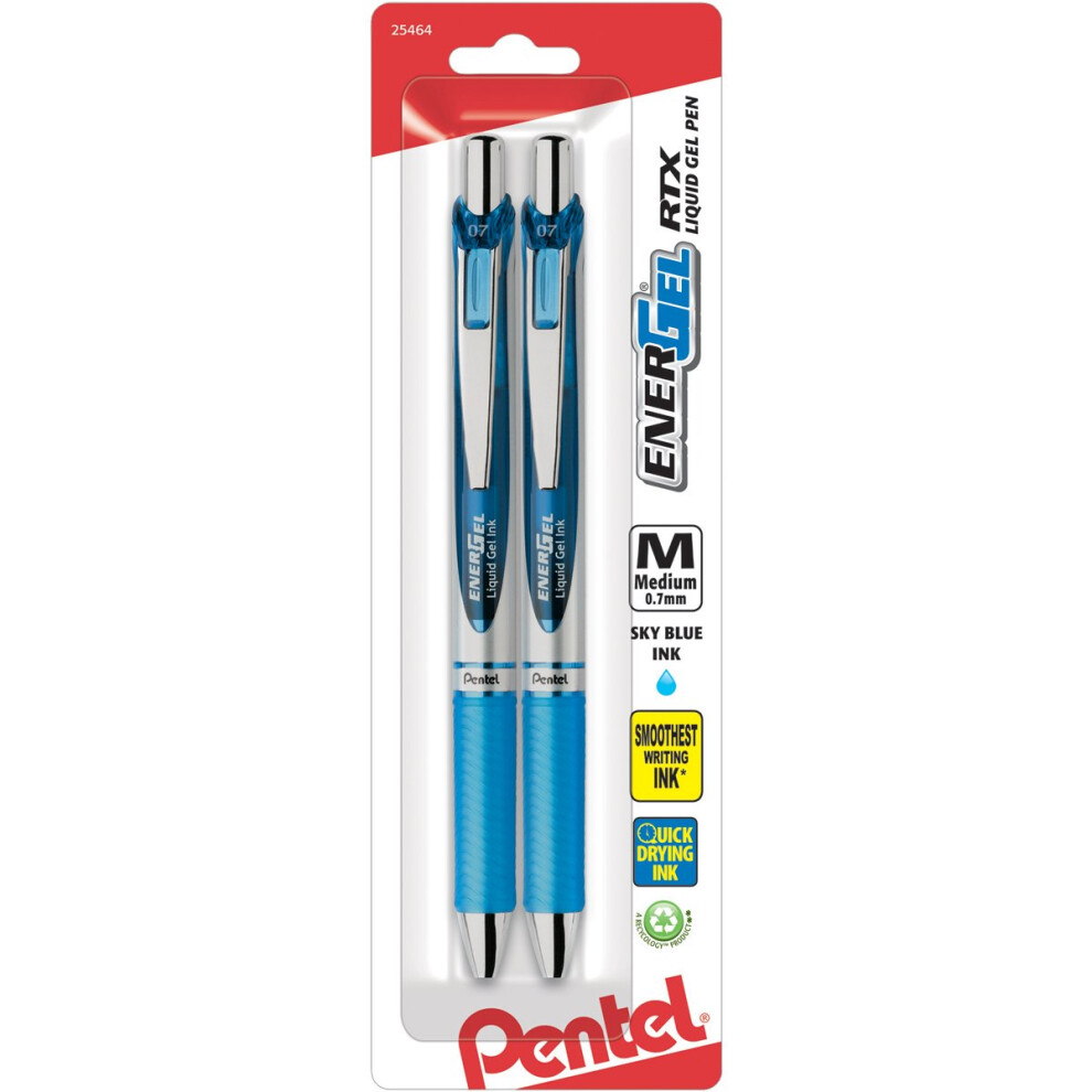 Pentel EnerGel Deluxe RTX Retractable Liquid Gel Pen  Medium Line  Metal Tip  Sky Blue Ink  2 Pack (BL77BP2S)