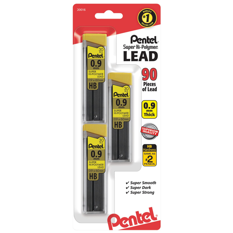 Pentel Super Hi-Polymer Leads  0.9 mm  HB  30 Leads Per Tube  Pack of 3 Tubes