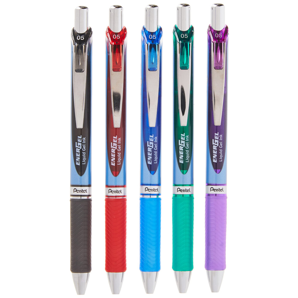 Pentel EnerGel RTX Retractable Liquid Gel Pen  (0.5mm)  Fine Line  Metal Tip  Assorted Ink Colors  Pack of 5 (BLN75BP5M)