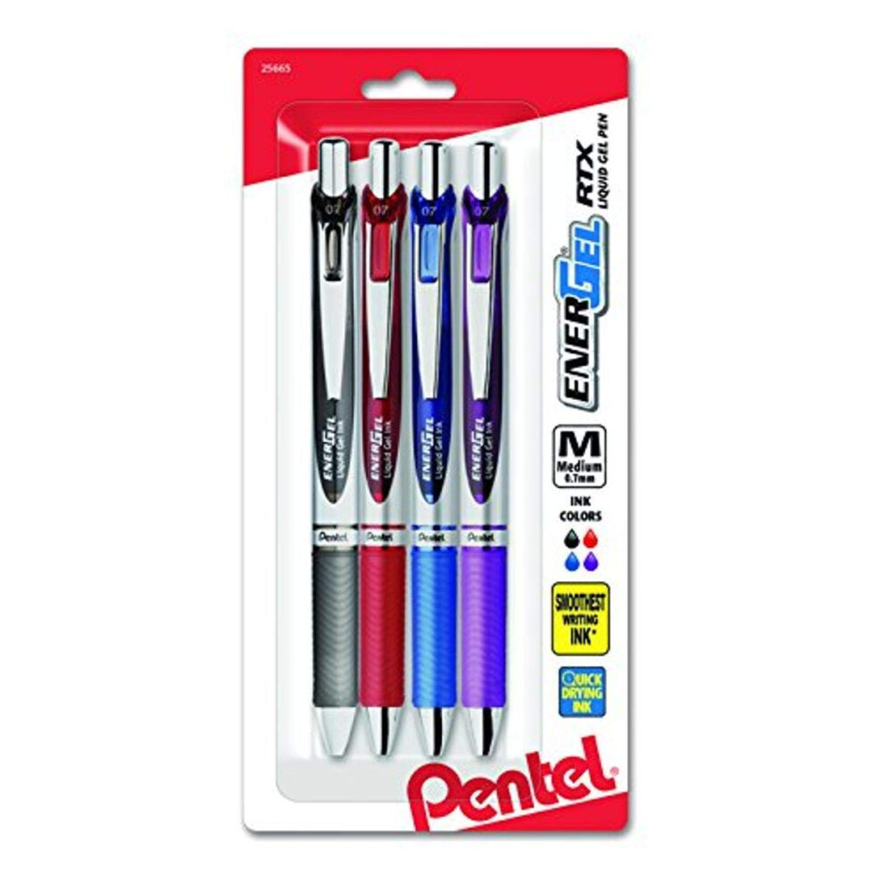 Pentel EnerGel RTX Retractable Liquid Gel Pen  Medium Line  Metal Tip  Assorted Ink 4-Pk (BL77BP4M)