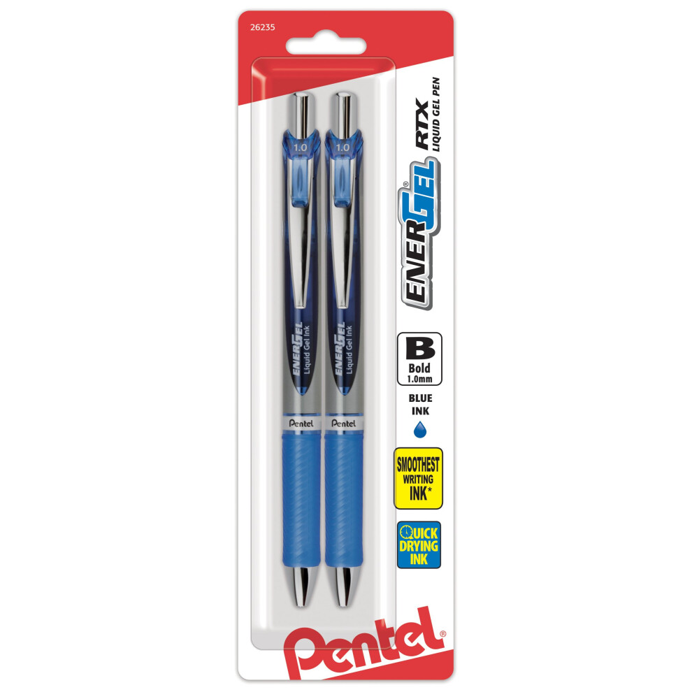 Pentel Energel RTX Retractable Liquid Gel Pen  Bold Line  Metal Tip  Blue Ink Pack of 2 (BL80BP2C)