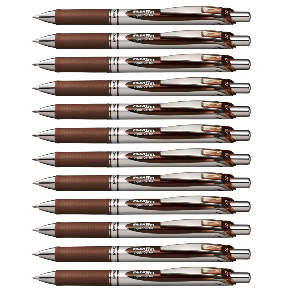 Pentel EnerGel RTX Retractable Liquid Gel Pen  (0.7mm) Metal Tip  Medium Line  Brown Ink  12 pack (BL77-E)