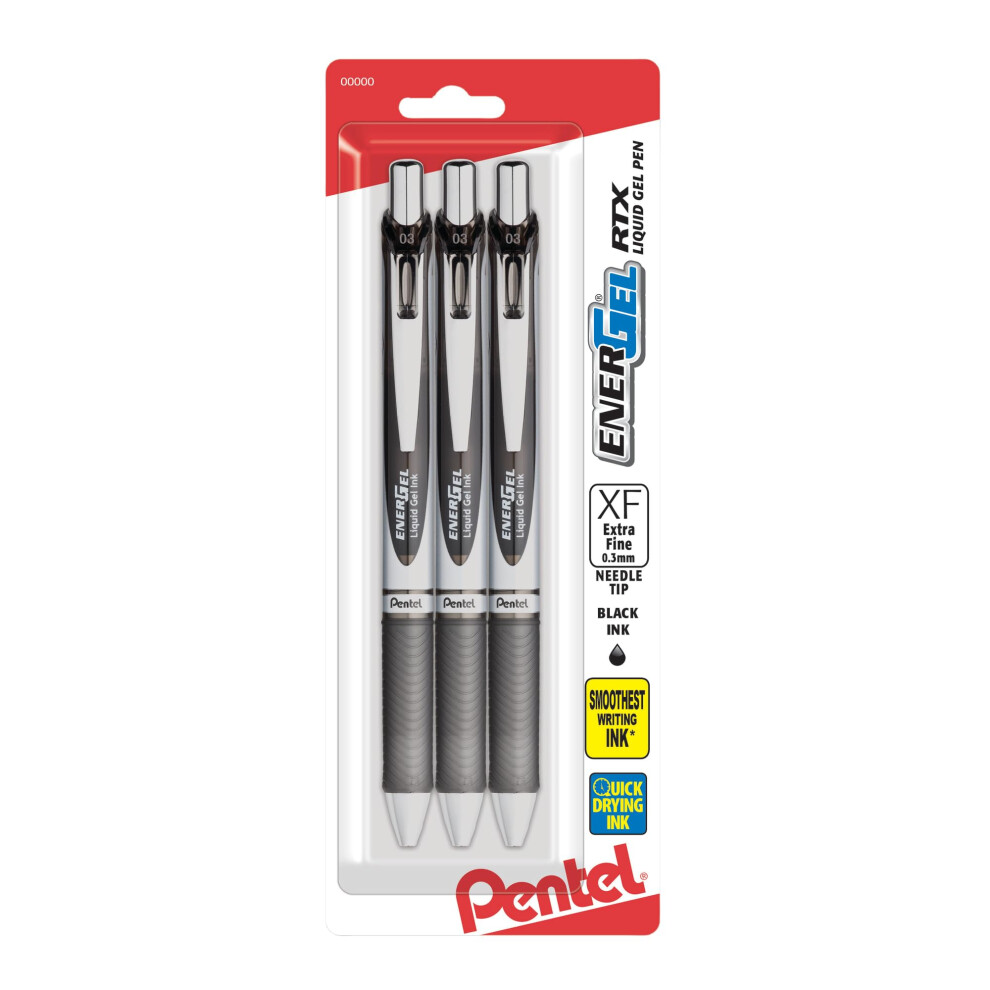 Pentel EnerGel RTX Pens  0.3 mm  Needle Point  Black Ink  Pack of 3