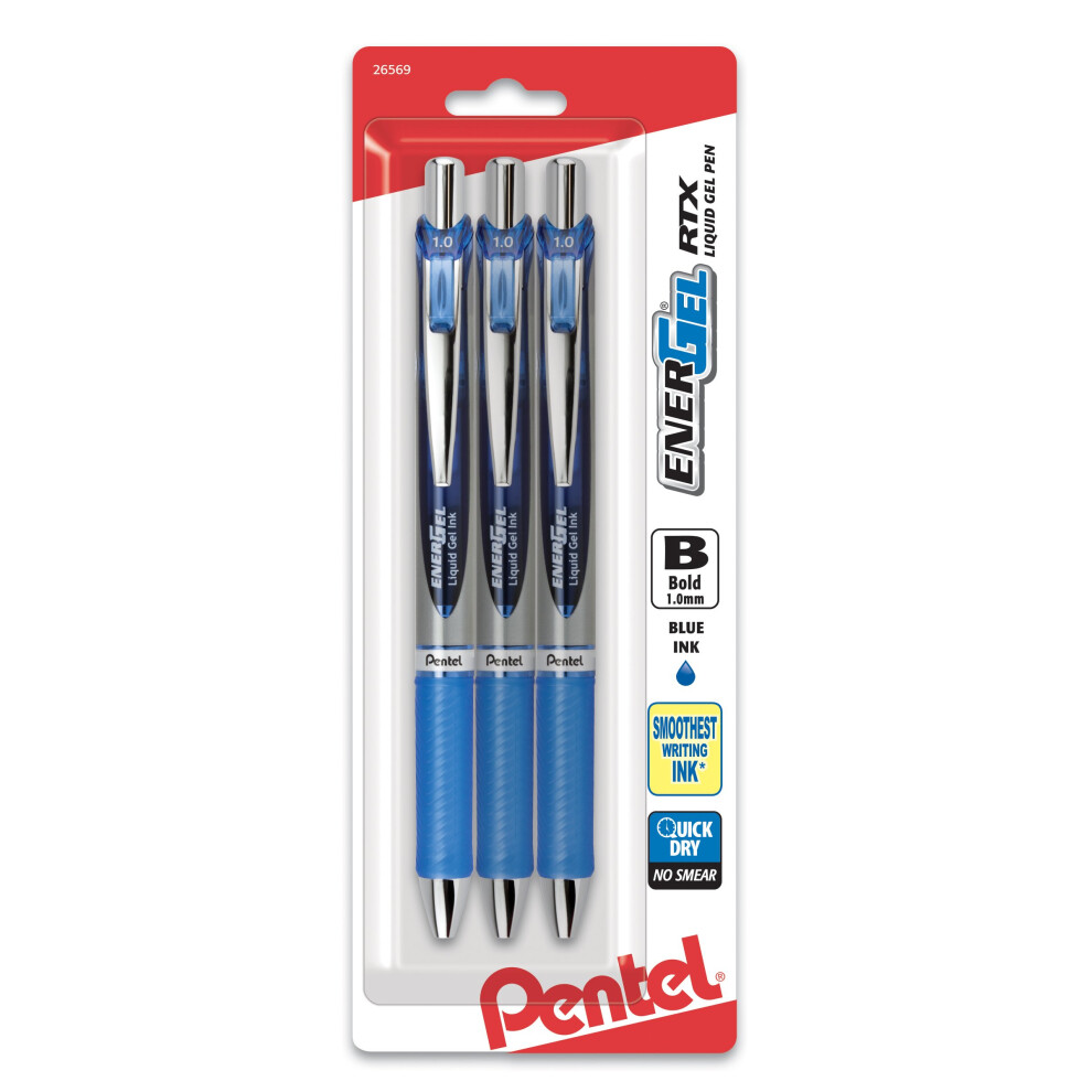 Pentel EnerGel RTX Pens  1.0 mm  Bold Point  Blue Ink  Pack Of 3