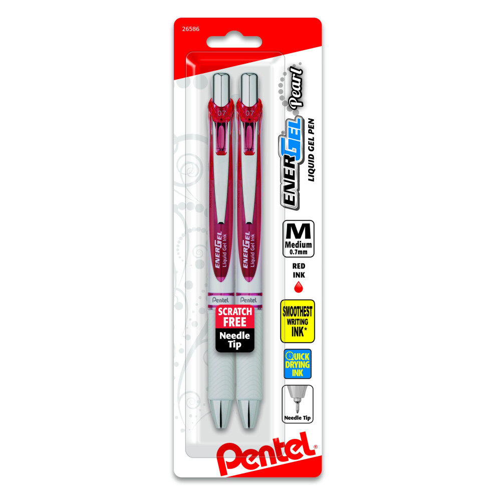 Pentel EnerGel Pearl Retractable Liquid Gel Pen  Needle Tip (0.7mm) Medium Line  Red Ink  2-Pk (BLN77WBP2B)