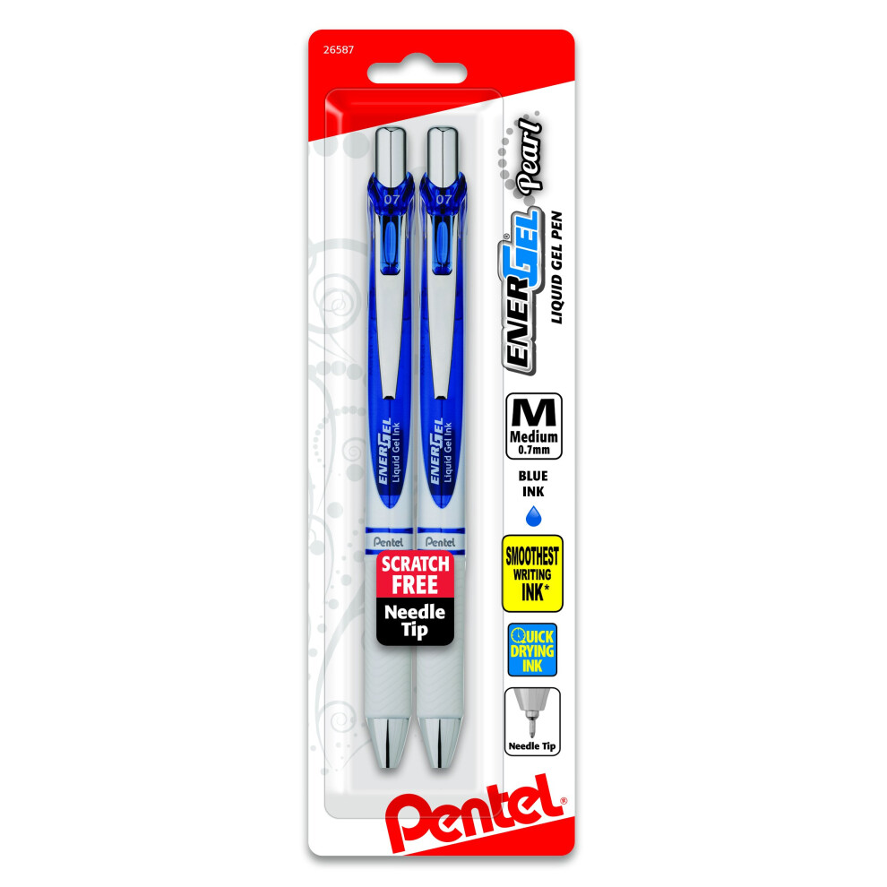 Pentel EnerGel Pearl Retractable Liquid Gel Pen  Needle Tip (0.7mm) Medium Line  Blue Ink  2-Pk (BLN77WBP2C)