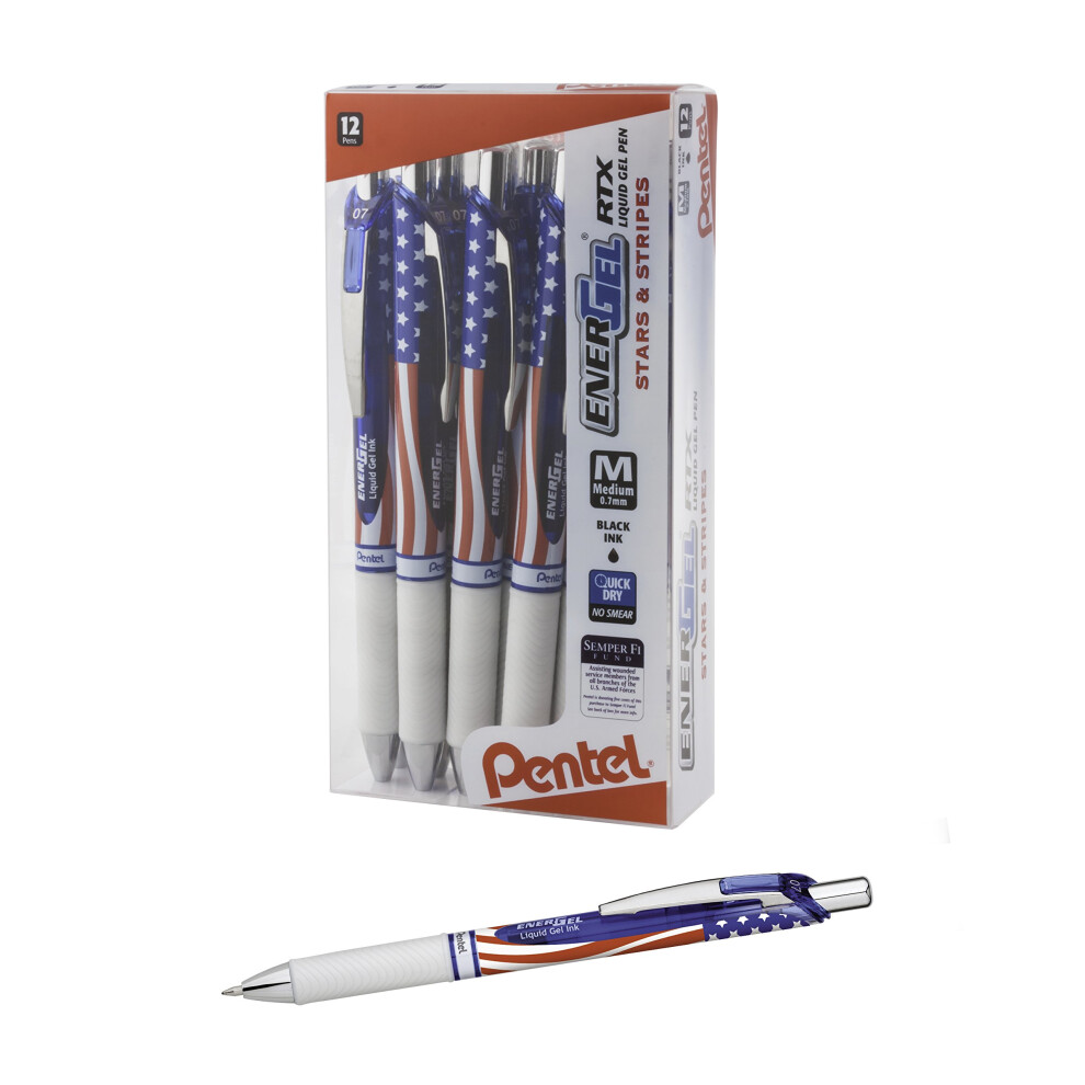 Pentel EnerGel RTX Retractable Liquid Gel Pen  (0.7mm) Medium Line  Metal Tip  Flag Barrel  Black Ink  12 pack (BL77USA-A)