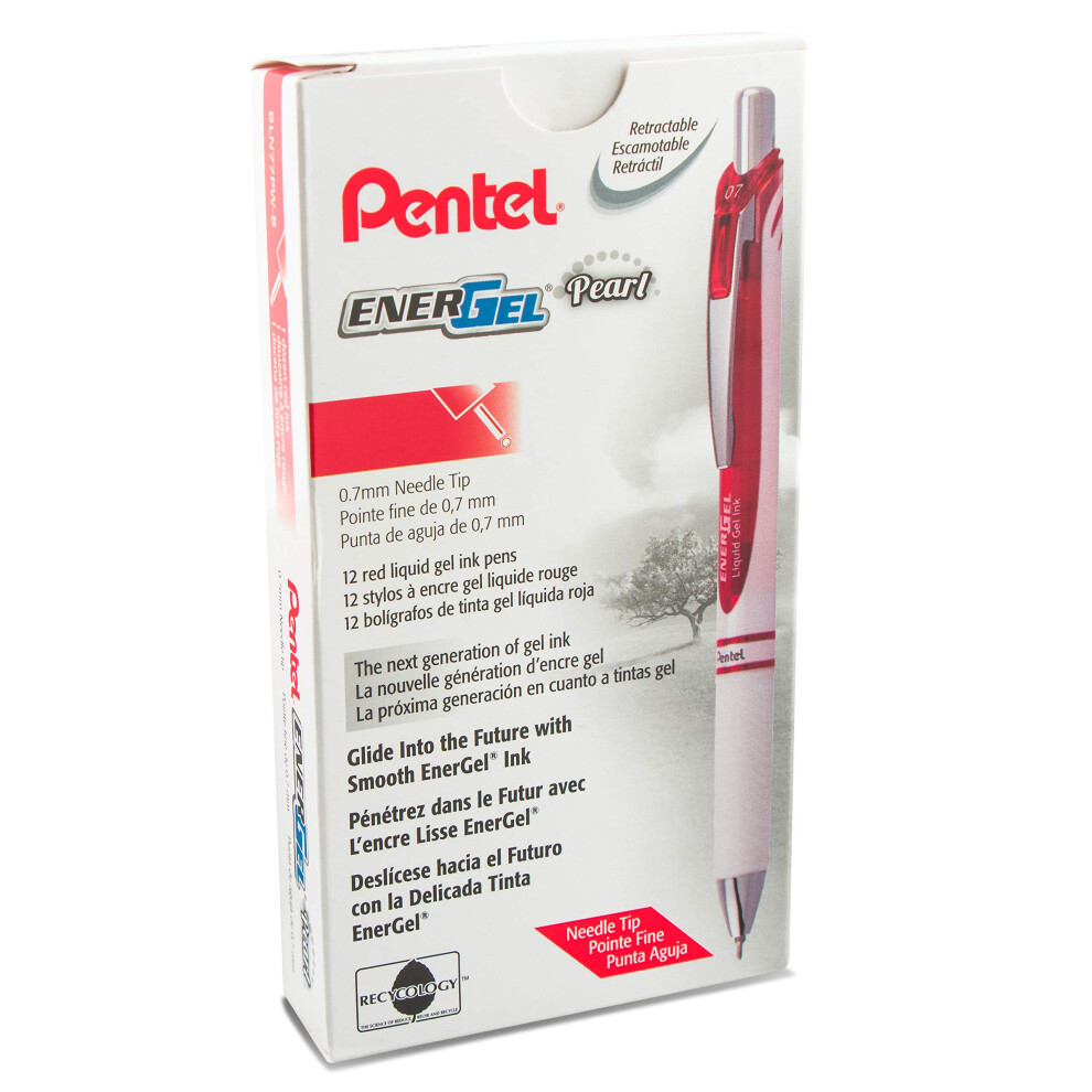 Pentel Gel Ink Pen  Pearl Retractable Gel Pen  (0.7mm) Medium Point  Needle Tip  Red Ink  12 pack (BLN77PW-B)