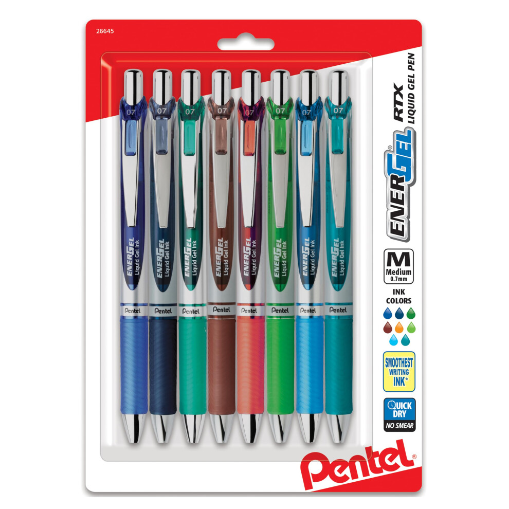 Pentel EnerGel RTX Retractable Liquid Gel Pen  (0.7mm) Metal Tip  Medium Line  assorted 2 Ink  8-Pk (BL77BP8M2)