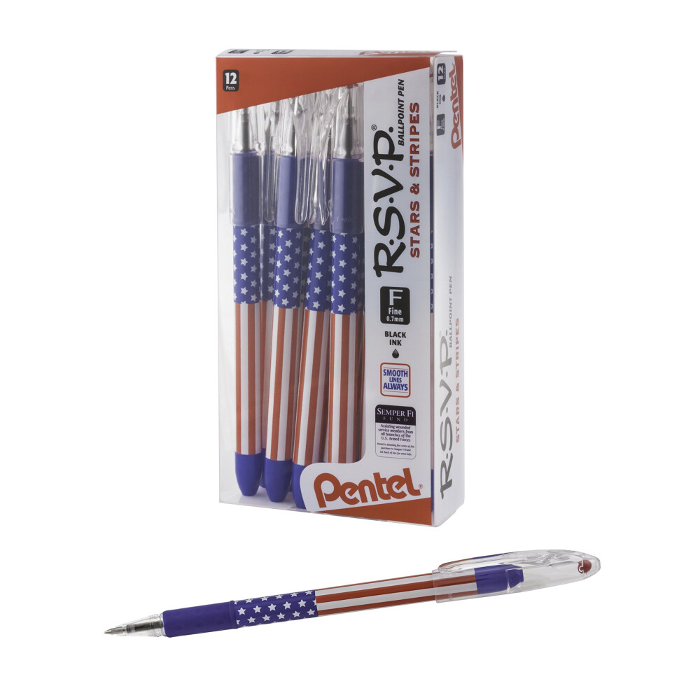 Pentel RSVP Ballpoint Pen  Fine Line  (0.7mm) Flag Barrel  Black Ink  12 Pack (BK90USA-A)