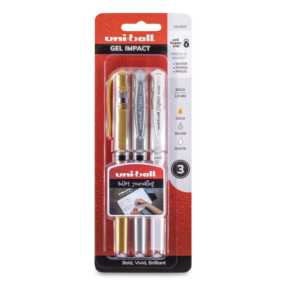 Uni-ball Impact Gel Pens  Bold Point (1.0mm)  Assorted Metallic  3 Count - School Pens  Teacher Pens  School Supplies