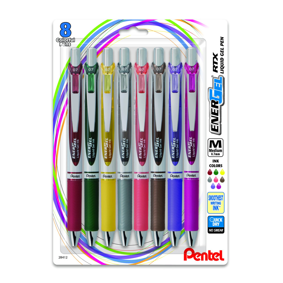 EnerGel RTX Retractable Liquid Gel Pen  (0.7mm) Medium Line  Metal Tip  Assorted Ink  8 Pack (BL77BP8M3)