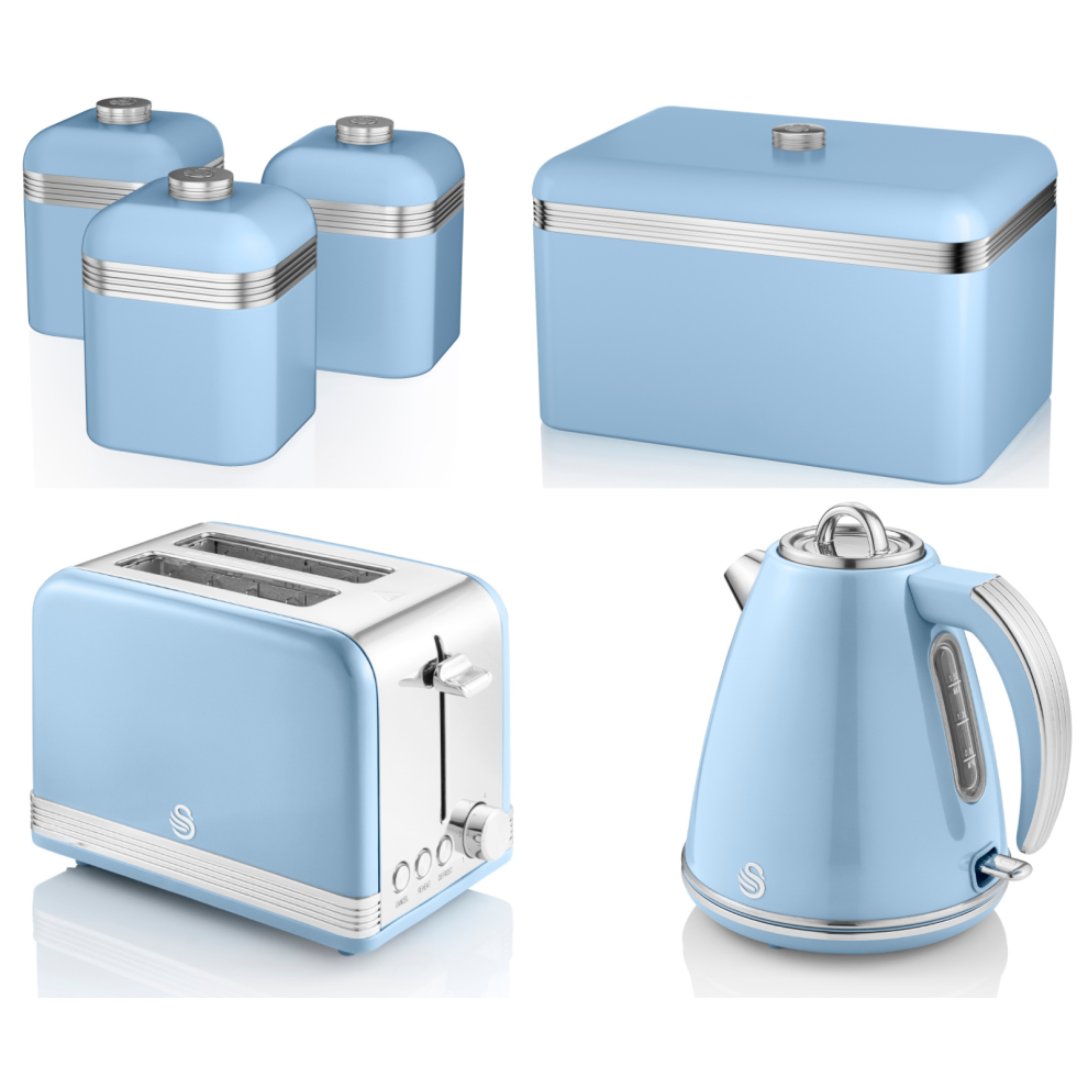 Swan Retro Blue Jug Kettle, 2 Slice Toaster, Bread Bin & Canisters Set