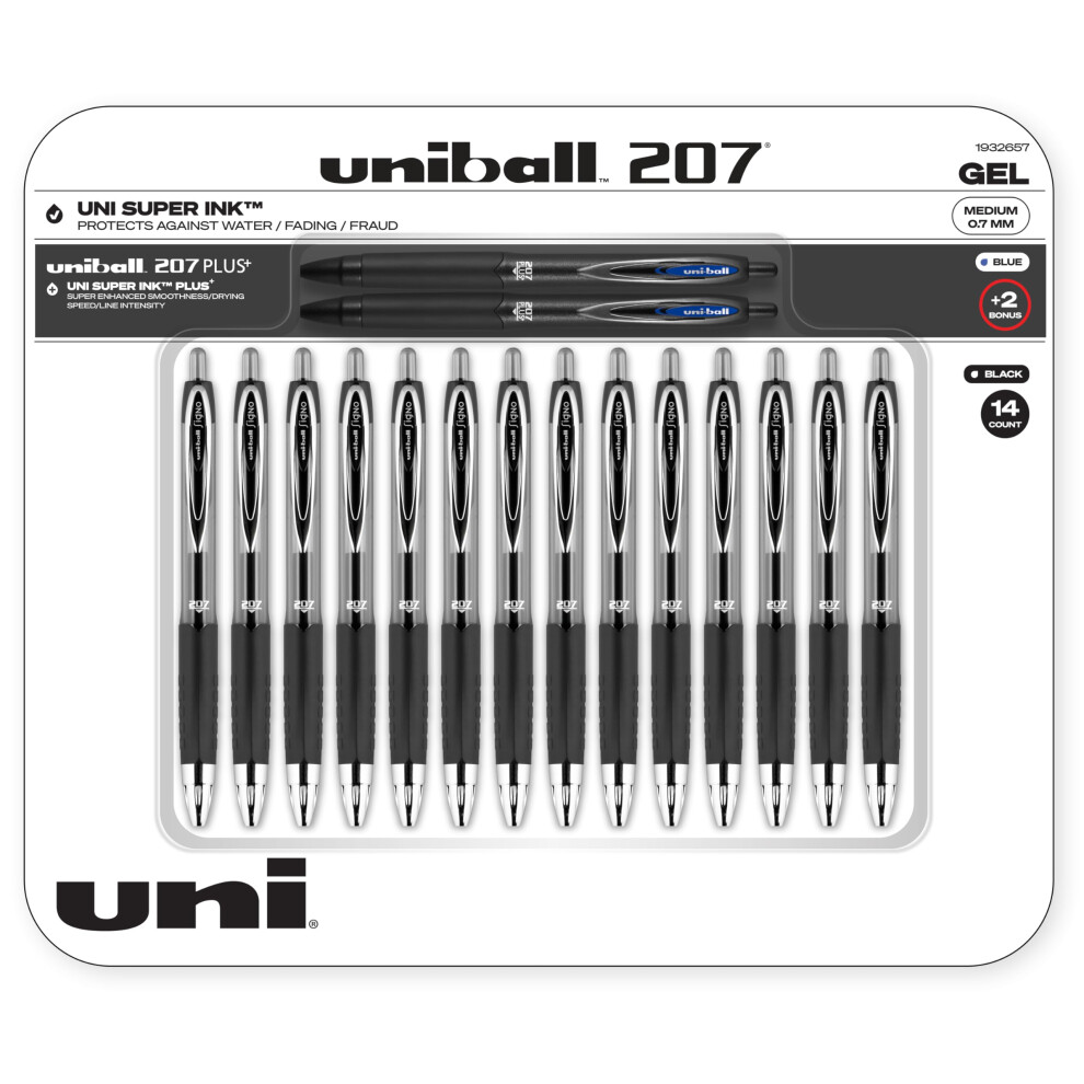 Uniball Signo 207 Rollerball Gel Pen 14 Pack  14x 0.7mm Medium Black Pens + Bonus 2x 207+ Blue Pens  Gel Ink Pens