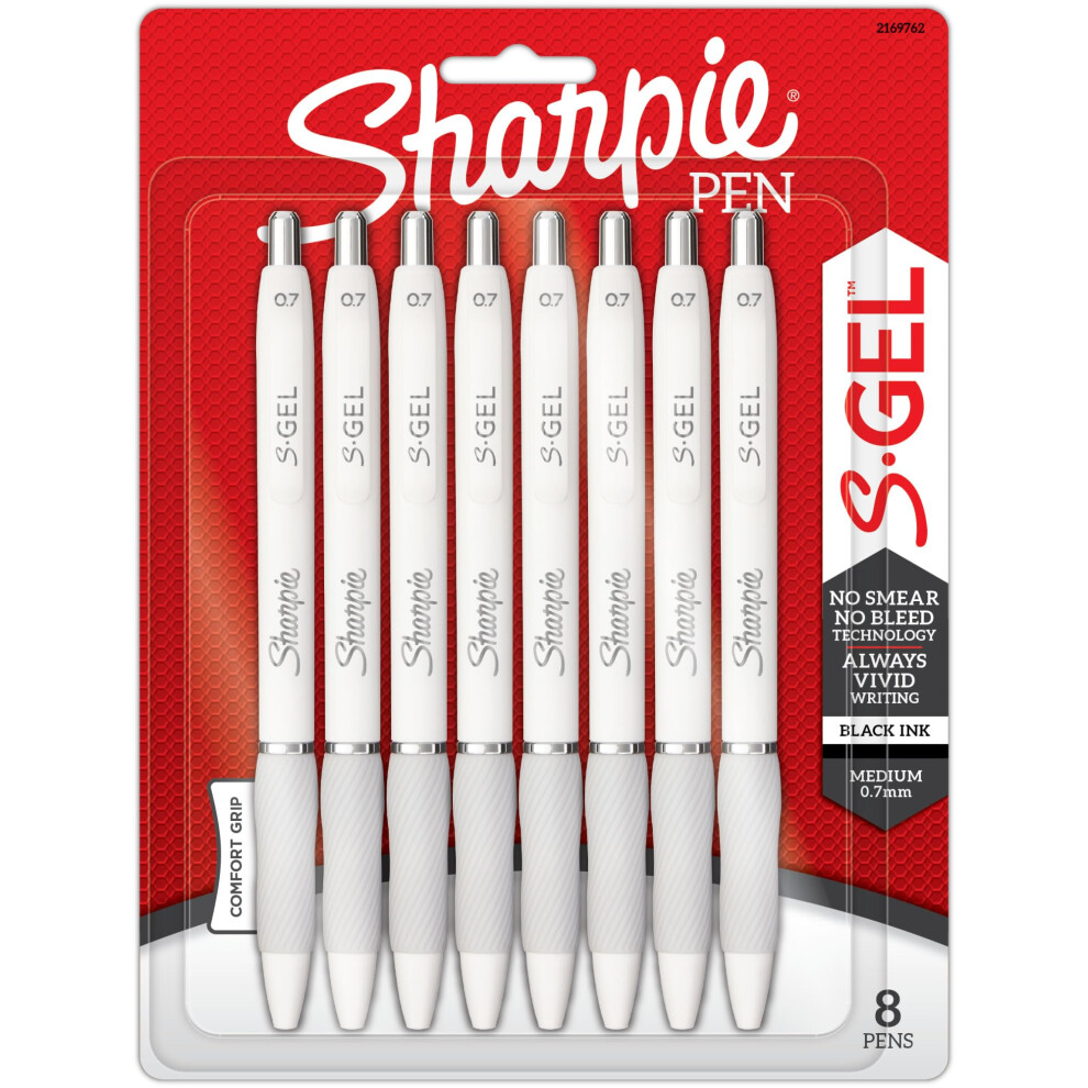 SHARPIE S-Gel Fashion Barrel Gel Pens  Medium Point  0.7 mm  White Barrels/Black Ink  Pack Of 8 Pens