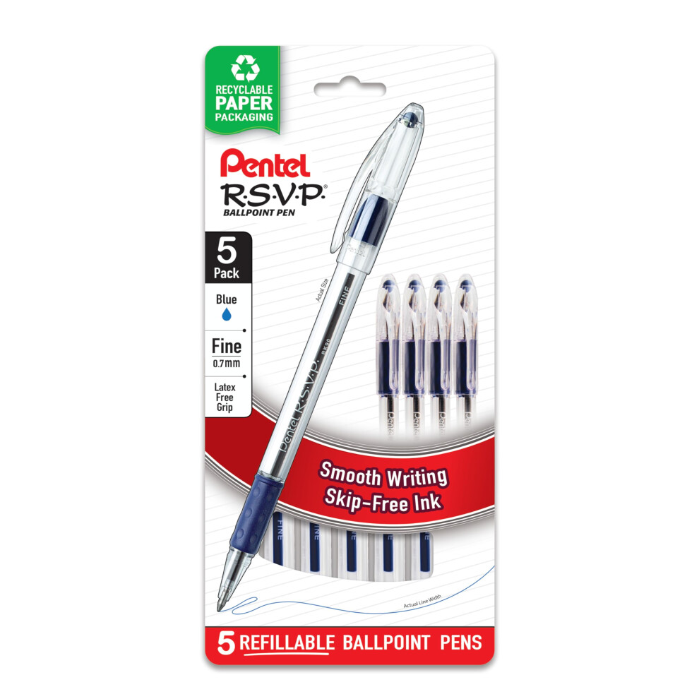 Pentel RSVP Ballpoint Pen  Fine Line  (0.7mm)  Blue Ink  Pack of 5 (BK90BP5C)