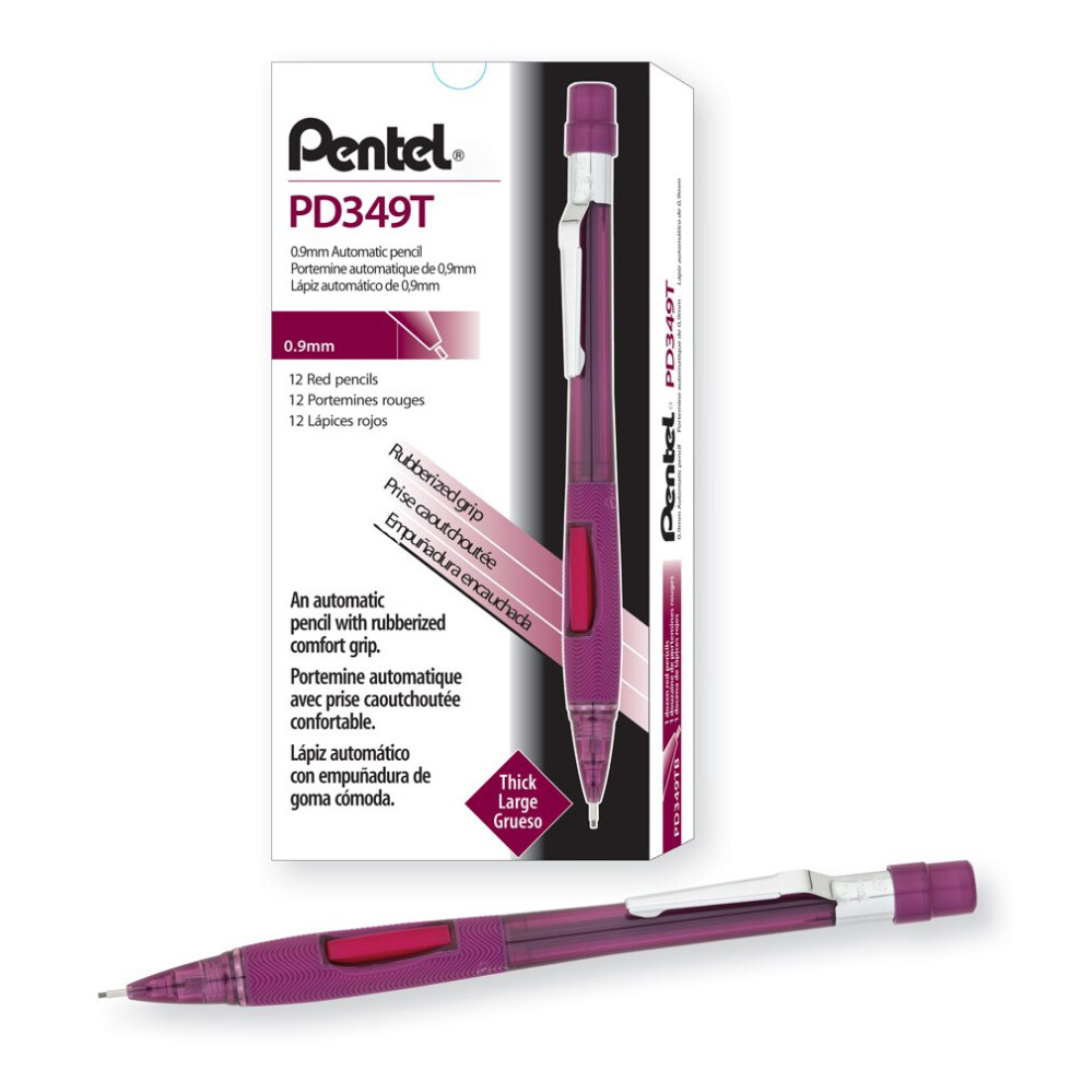 Pentel Quicker Clicker Automatic Pencil  0.9mm Lead Size  Transparent Red Barrel  Box of 12 (PD349TB)