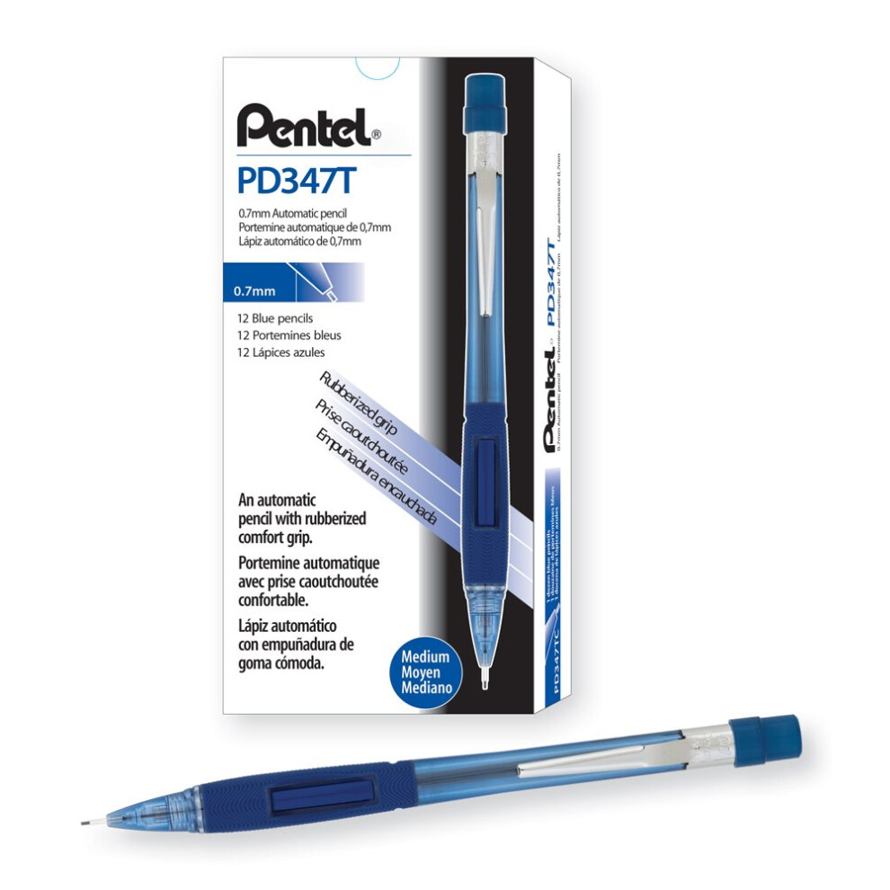 Pentel Quicker Clicker Automatic Pencil  0.7mm Lead Size  Transparent Blue Barrel  Box of 12 (PD347TC)