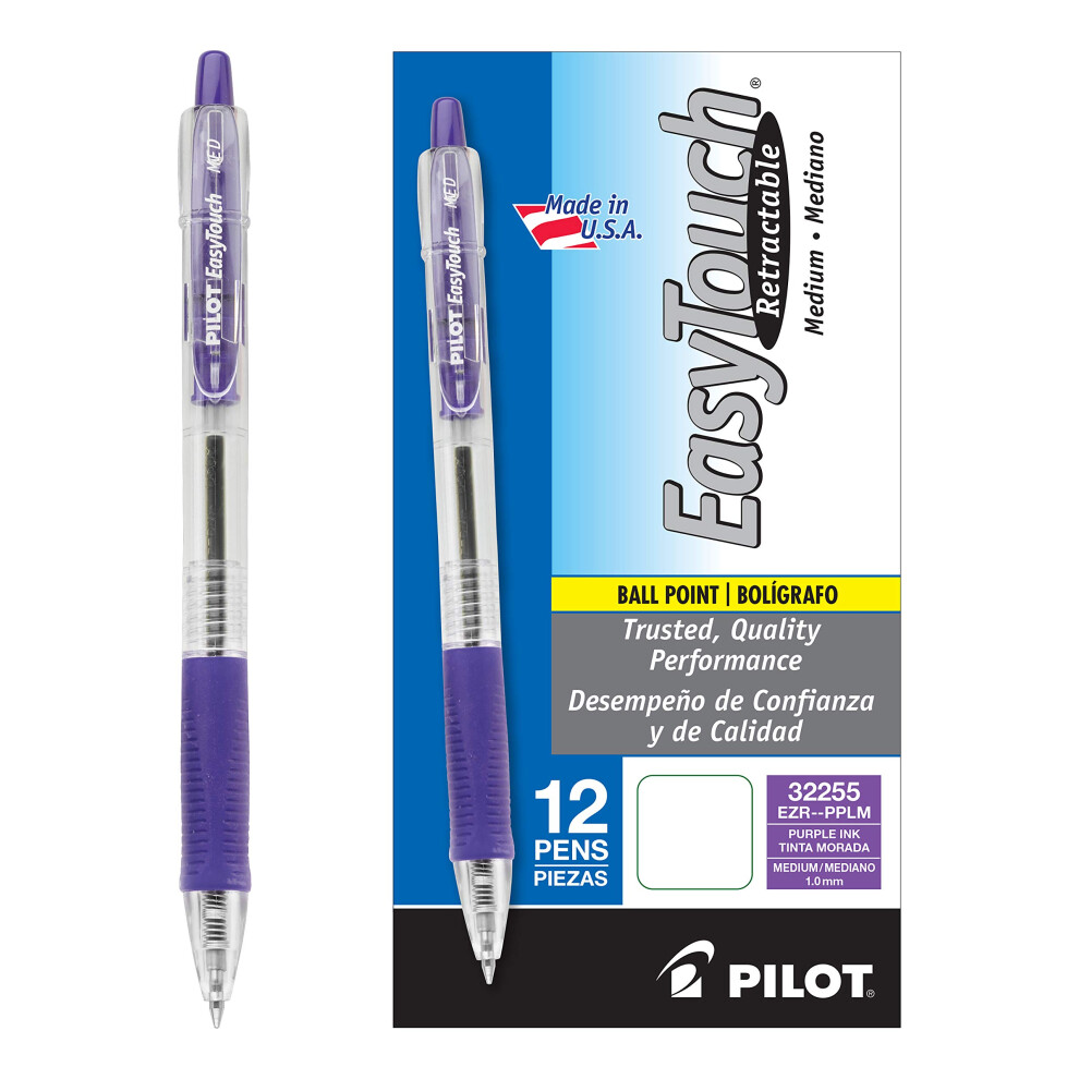 PILOT EasyTouch Refillable & Retractable Ballpoint Pens  Medium Point  Purple Ink  12-Pack (32255)