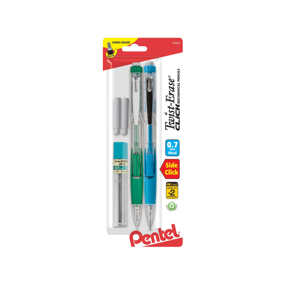 Pentel Twist-Erase Click Mechanical Pencils  0.7mm  Hi-Polymer HB Lead  59% Recycled  Assorted Barrel Colors  Pack of 2