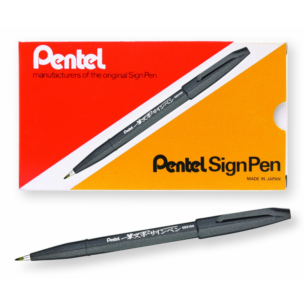 Pentel Arts Sign Pen Touch  Fude Brush Tip  Black Ink   Box of 12 (SES15-NA)