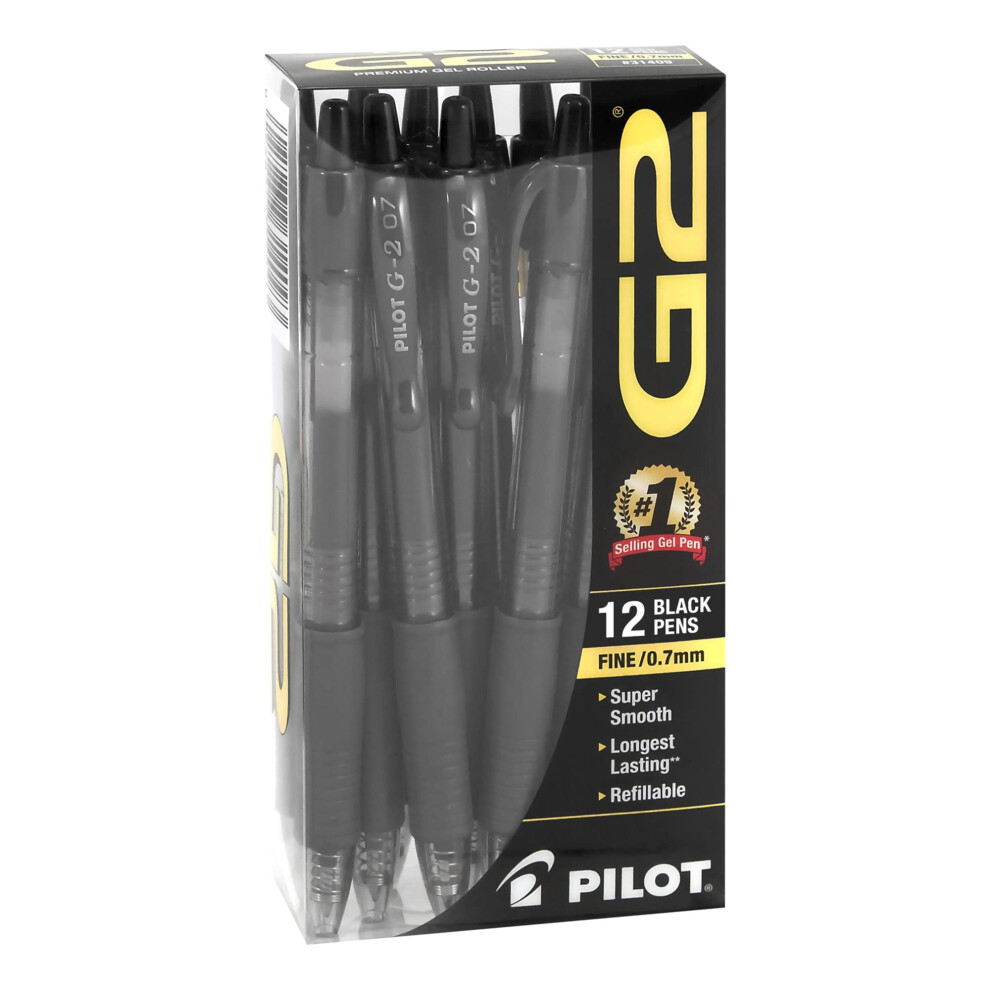 Pilot G-2 Retractable Fine Point Gel Ink Pens  Fine Point  0.7 mm  Black Barrel  Black Ink  Pack Of 12