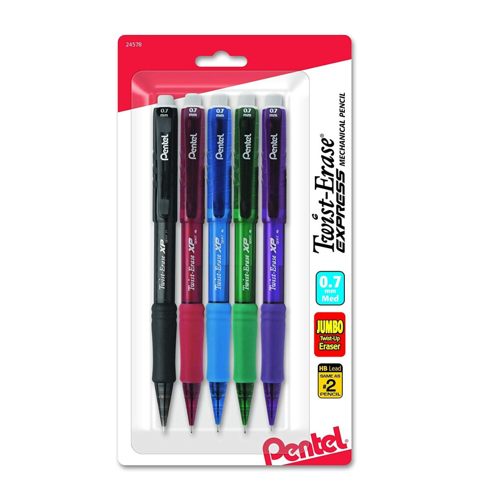 Pentel Twist-Erase Express Mechanical Pencil  (0.7mm)  Medium Line  Assorted Fashion Colors  Pack of 5 (QE417FBP5M)