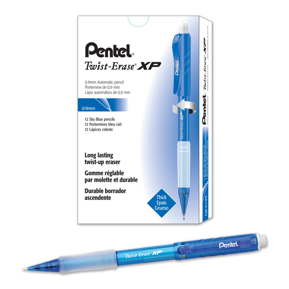 Pentel Twist-Erase Express Mechanical Pencil (0.9mm) Fashion Color  Sky Blue Barrel  Box of 12 (QE419S)