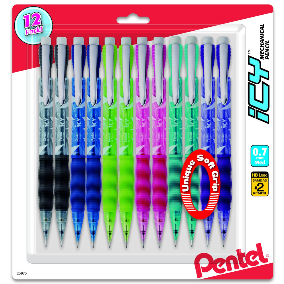 Pentel Icy Razzle-Dazzle Mechanical Pencil  (0.7mm)  Assorted Barrels  Color May Vary  Pack of 12 (AL27RDBP12M)