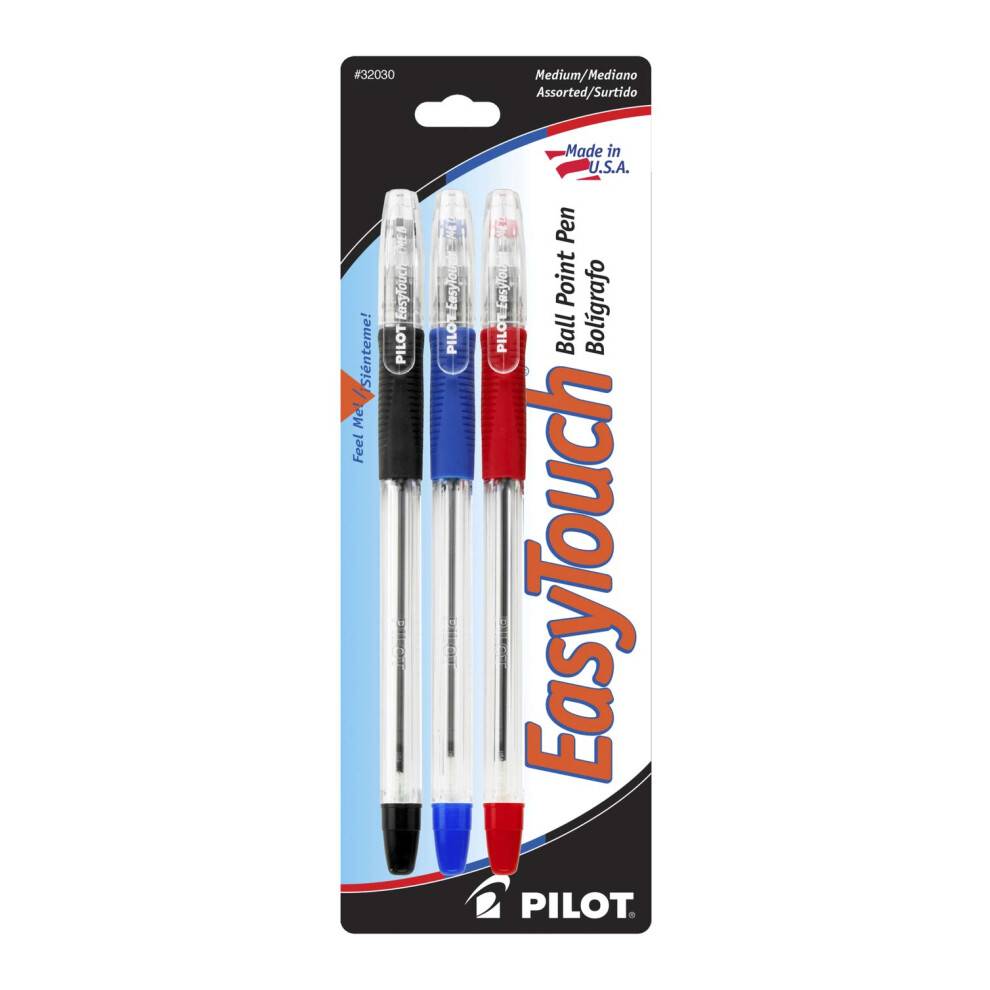 PILOT EasyTouch Ballpoint Stick Pens  Medium Point  Black/Blue/Red Inks  3-Pack (32030)