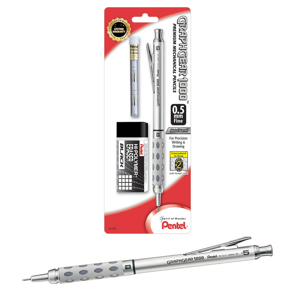 Pentel GraphGear 1000 Mechanical Pencil 0.5mm Premier Drafting Kit with 1 Pencil  1 Eraser Refill Tube and 1 Eraser (PG1015EBP)