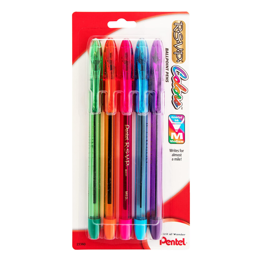 Pentel R.S.V.P. Colors Ballpoint Pen  Medium  Assorted Ink  Pack of 5 (BK91CRBP5M)