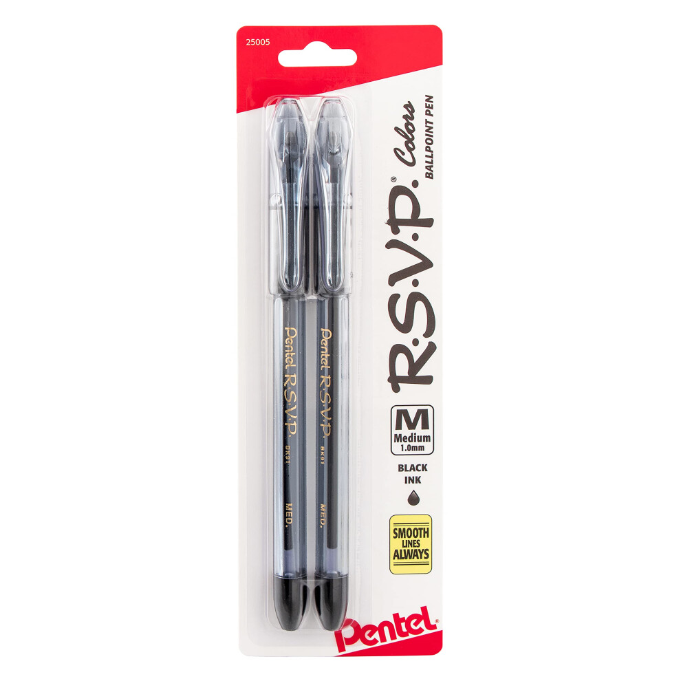 Pentel R.S.V.P. COLORS BallPoint Pen  Medium Line  Black Ink  Pack of 2 (BK91CRBP2A)