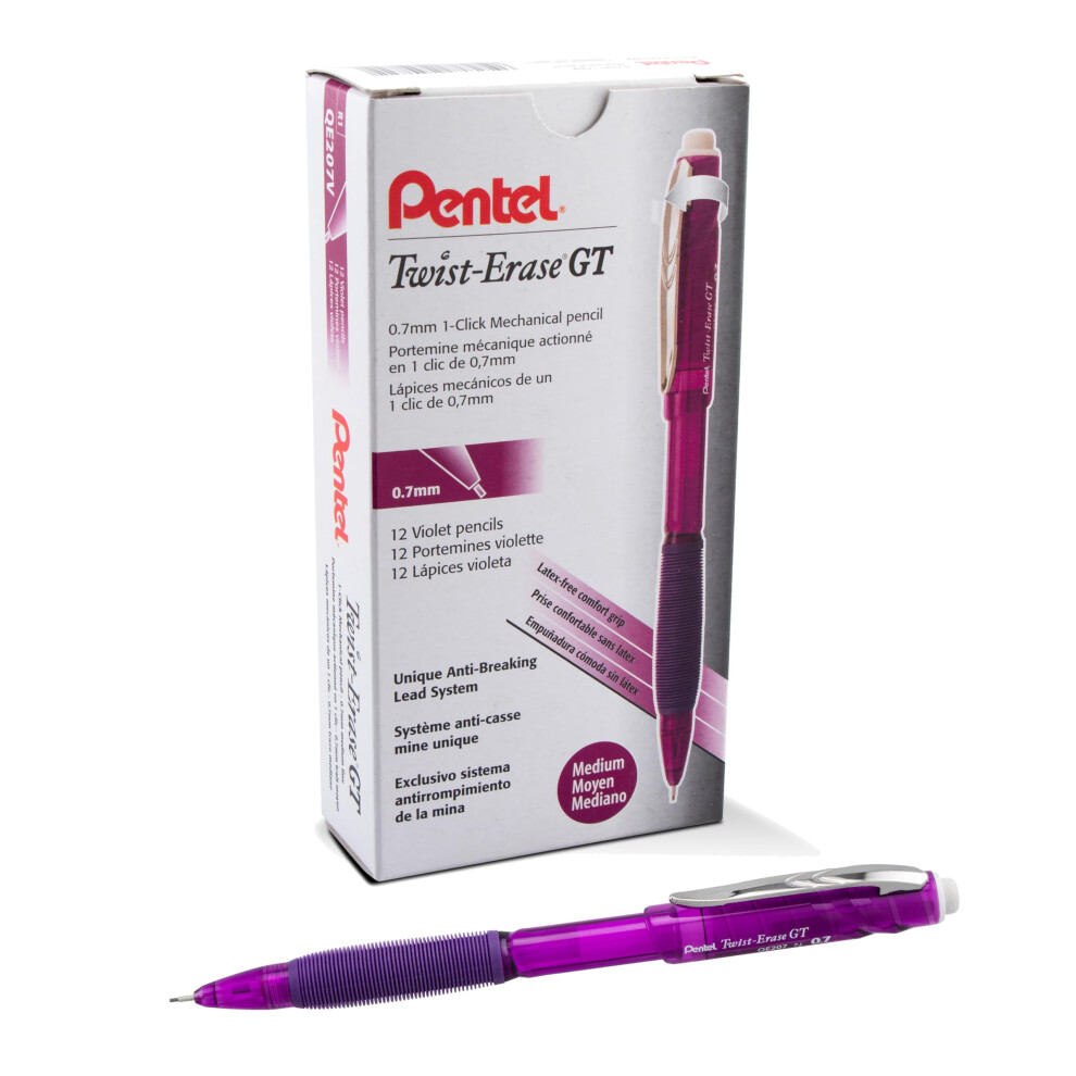 Pentel Twist-Erase GT  0.7mm  Mechanical Pencil Transparent Violet  Box of 12 (QE207V)