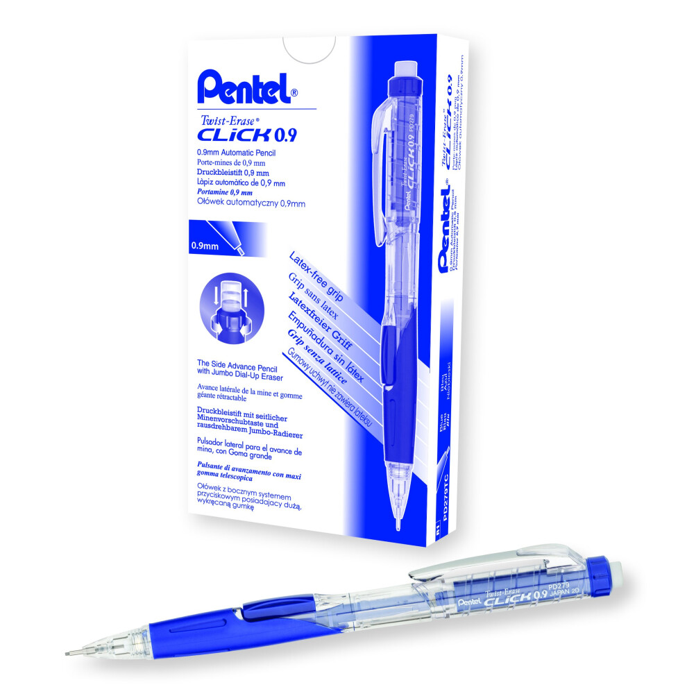 Pentel Twist Erase CLICK Mechanical Pencil  0.9mm  Clear Barrel  Box of 12 (PD279TC-R1)