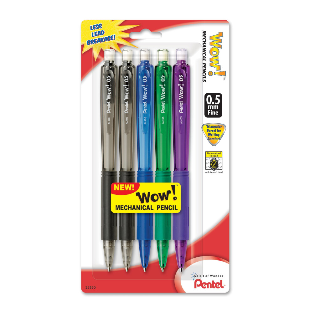 Pentel Wow Mechanical Pencil  0.5mm  Assorted Barrels  5 Pack (AL405BP5M)