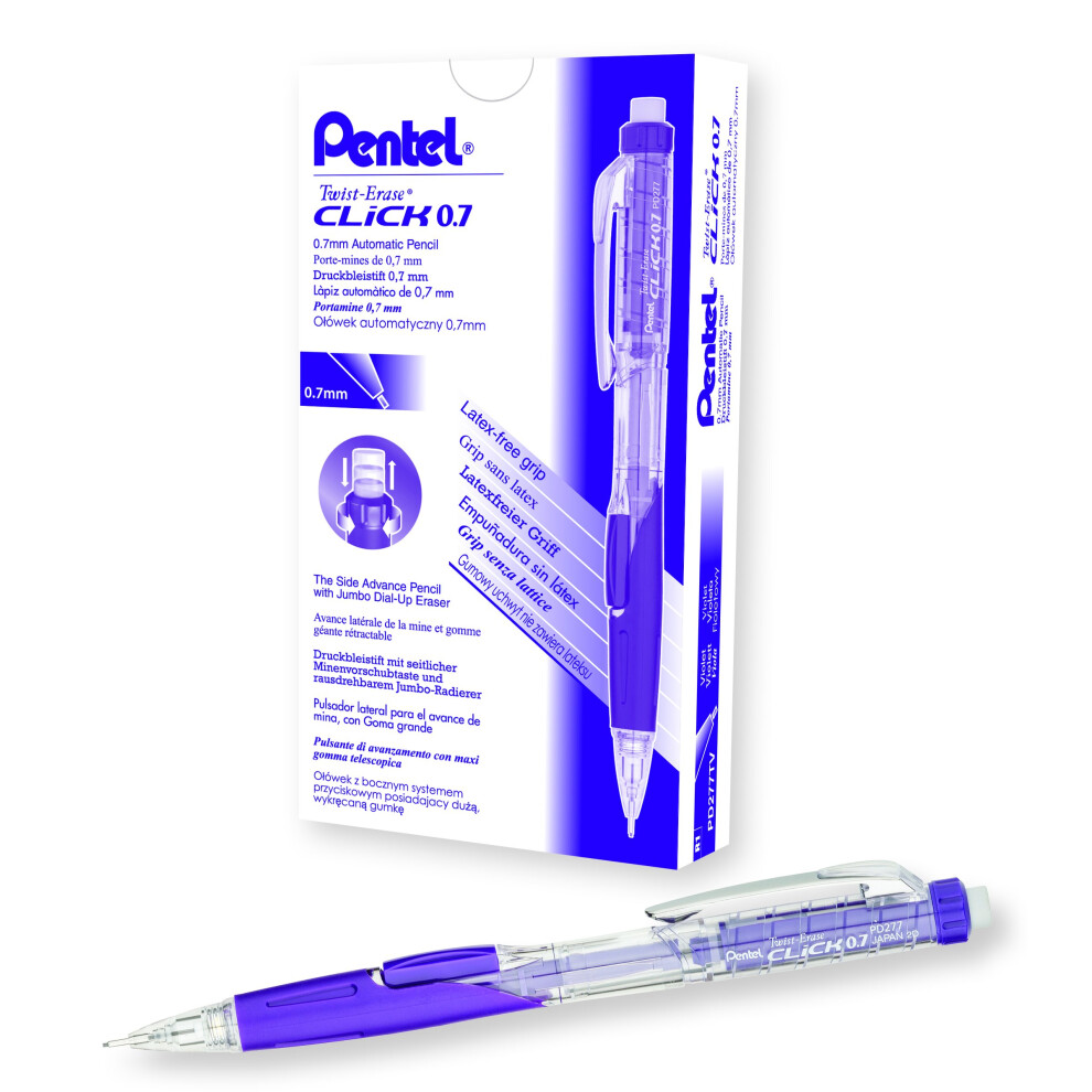 Pentel Twist Erase CLICK Mechanical Pencil  0.7mm  Clear Barrel  Violet Grip  Box of 12 (PD277TV)