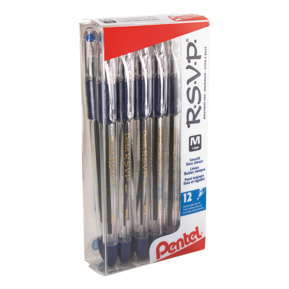 Pentel R.S.V.P. Ballpoint Pens  Medium Point  1.0 mm  Clear Barrel  Blue Ink  Pack of 12