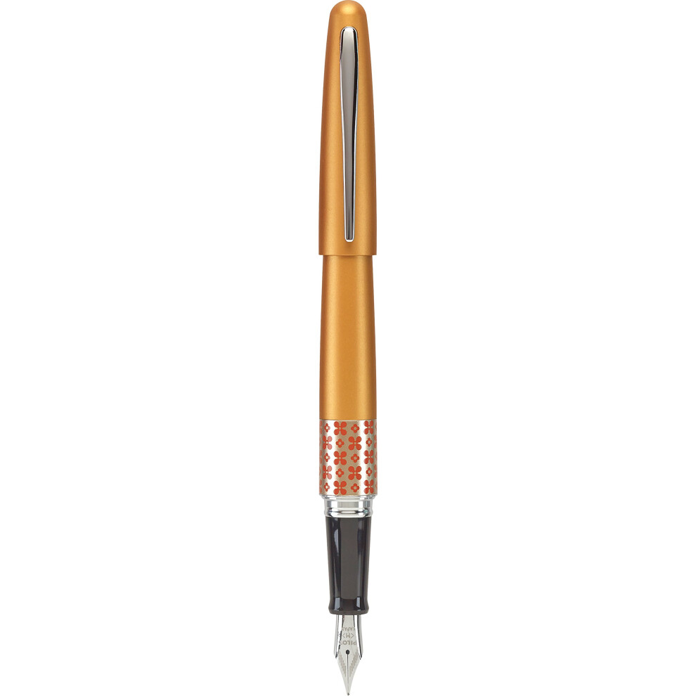 PILOT MR Retro Pop Collection Fountain Pen in Gift Box  Orange Barrel with Flower Accent  Fine Point Stainless Steel Nib  Refillable Black I