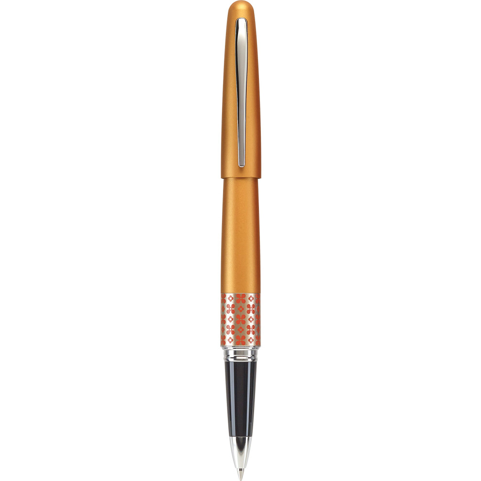 Pilot MR Retro Pop Collection Gel Roller Pen in Gift Box  Orange Barrel with Flower Accent  Fine Point Stainless Steel Nib  Refillable Black