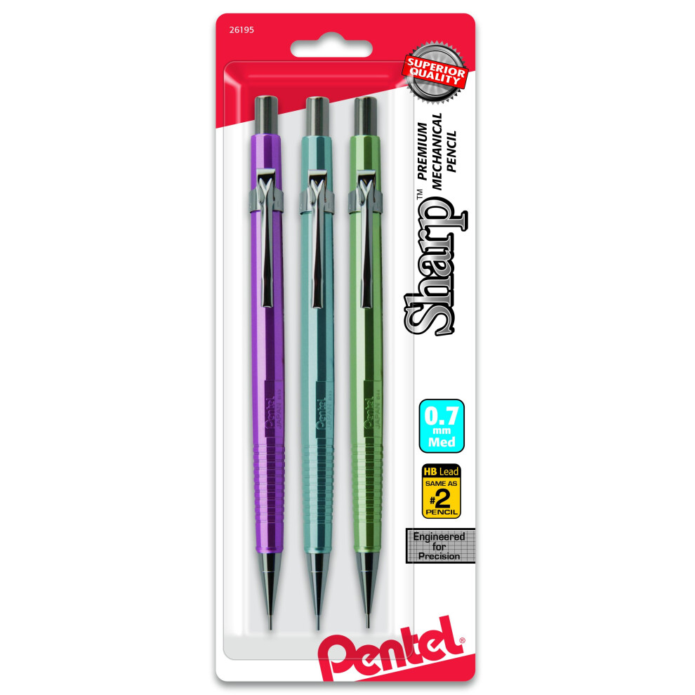 Pentel Sharp Mechanical Pencil  (0.7mm)  Medium Line  Metallic Barrel  Assorted Colors  Pack of 3 (P207MBP3M1)