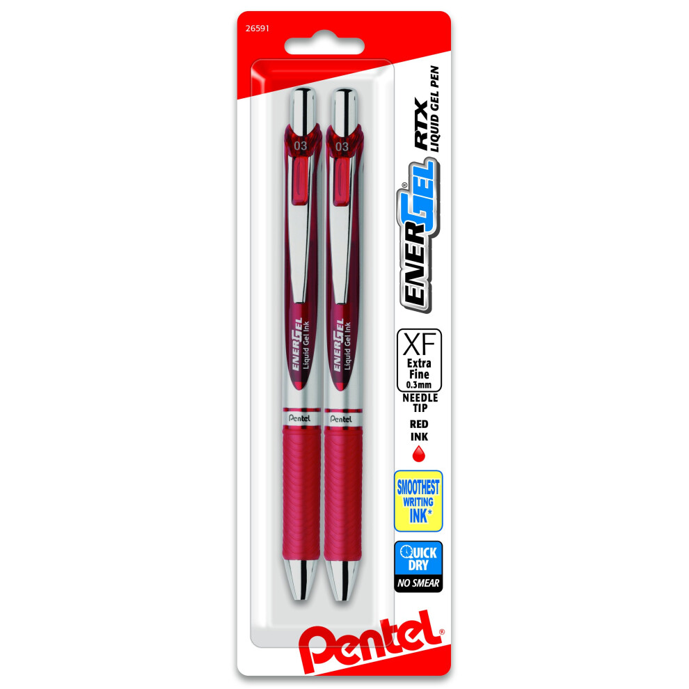 Pentel EnerGel RTX Retractable Liquid Gel Pen  (0.3mm) Needle Tip  Extra Fine Line  Red Ink  2-Pk (BLN73BP2B)