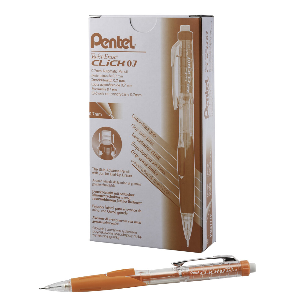 Pentel Twist-Erase CLICK Mechanical Pencil  (0.7mm)  CLEAR Barrel  Orange Grip  12 pack (PD277TF)