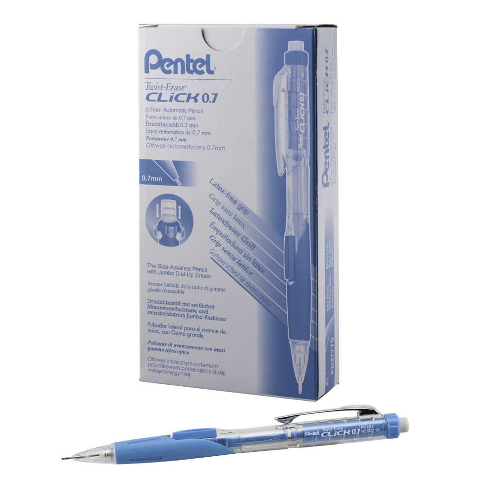 Pentel Twist-Erase CLICK Mechanical Pencil  (0.7mm)  CLEAR Barrel  Sky Blue Grip  12 pack (PD277TS)