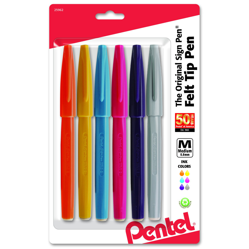 Pentel Arts Sign Pen Brush Tip  Assorted Ink  6-Pk (S520RBP6M)